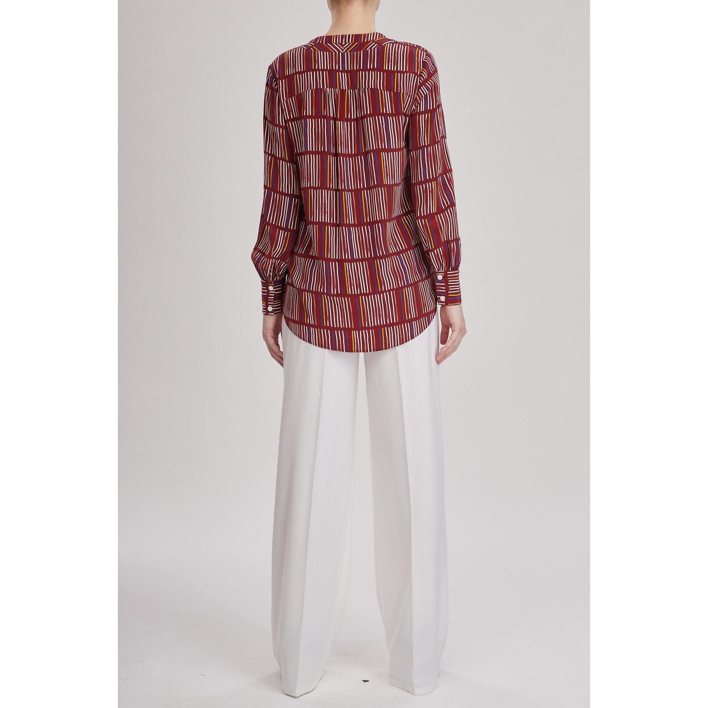 Women Canterbury Blouse - Printed Silk V-Neck Blouse in Red Wine Silk Crepe De Chine