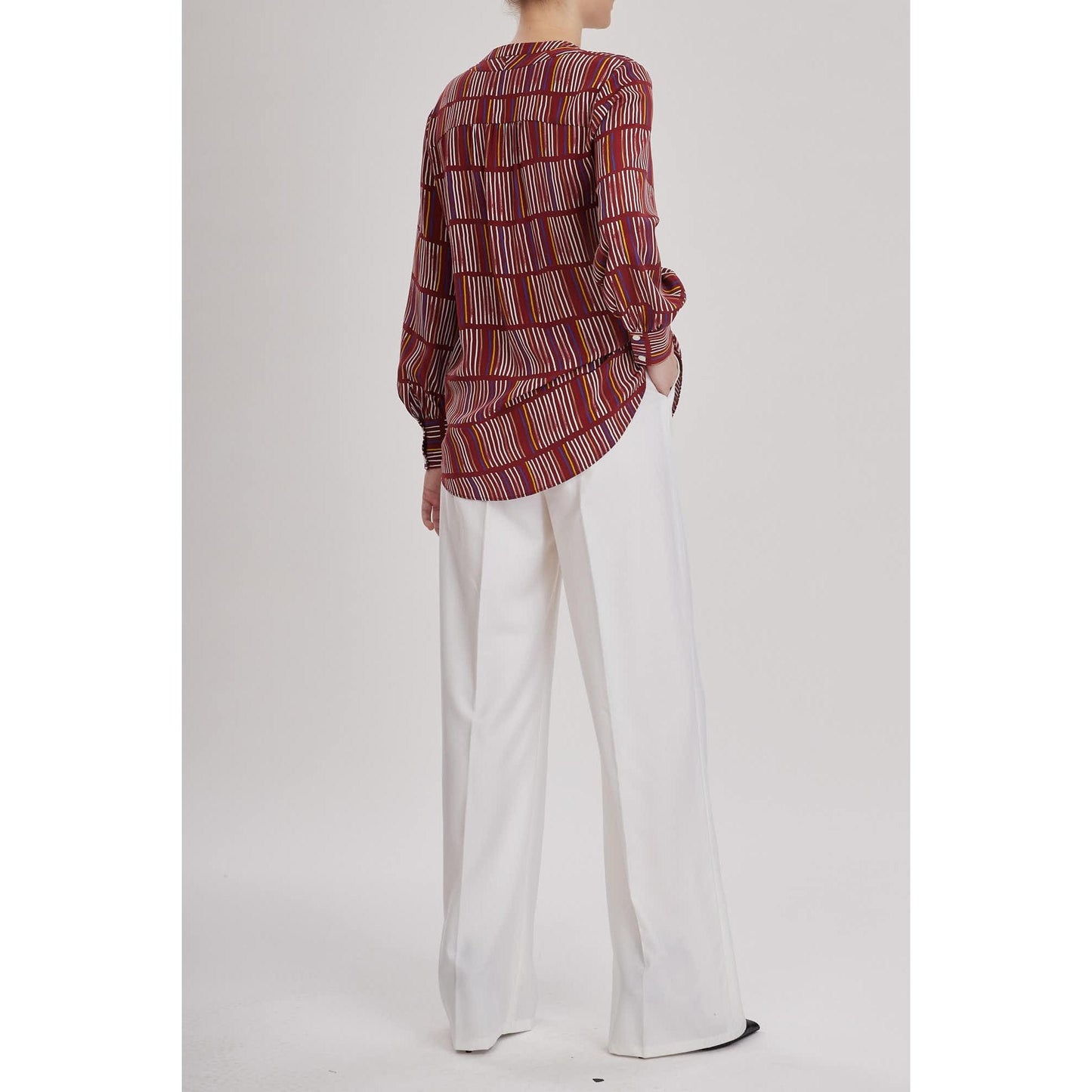 Women Canterbury Blouse - Printed Silk V-Neck Blouse in Red Wine Silk Crepe De Chine