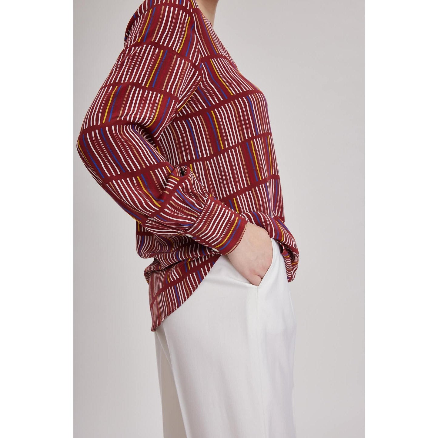 Women Canterbury Blouse - Printed Silk V-Neck Blouse in Red Wine Silk Crepe De Chine