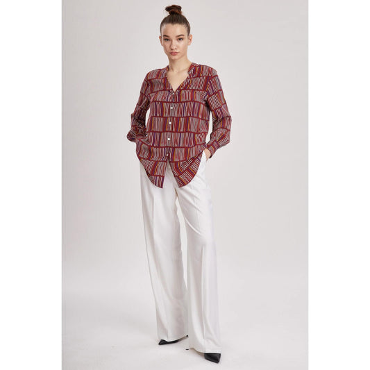 Women Canterbury Blouse - Printed Silk V-Neck Blouse in Red Wine Silk Crepe De Chine