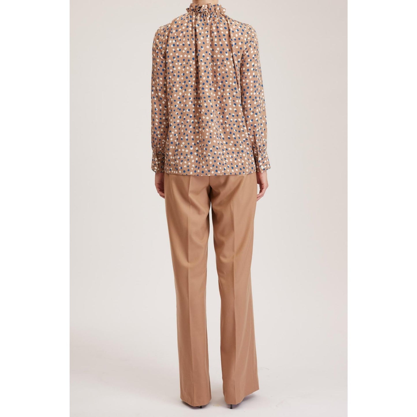 Women Leeds Blouse - Gathered Neckline, Silk Blousein Beige Print