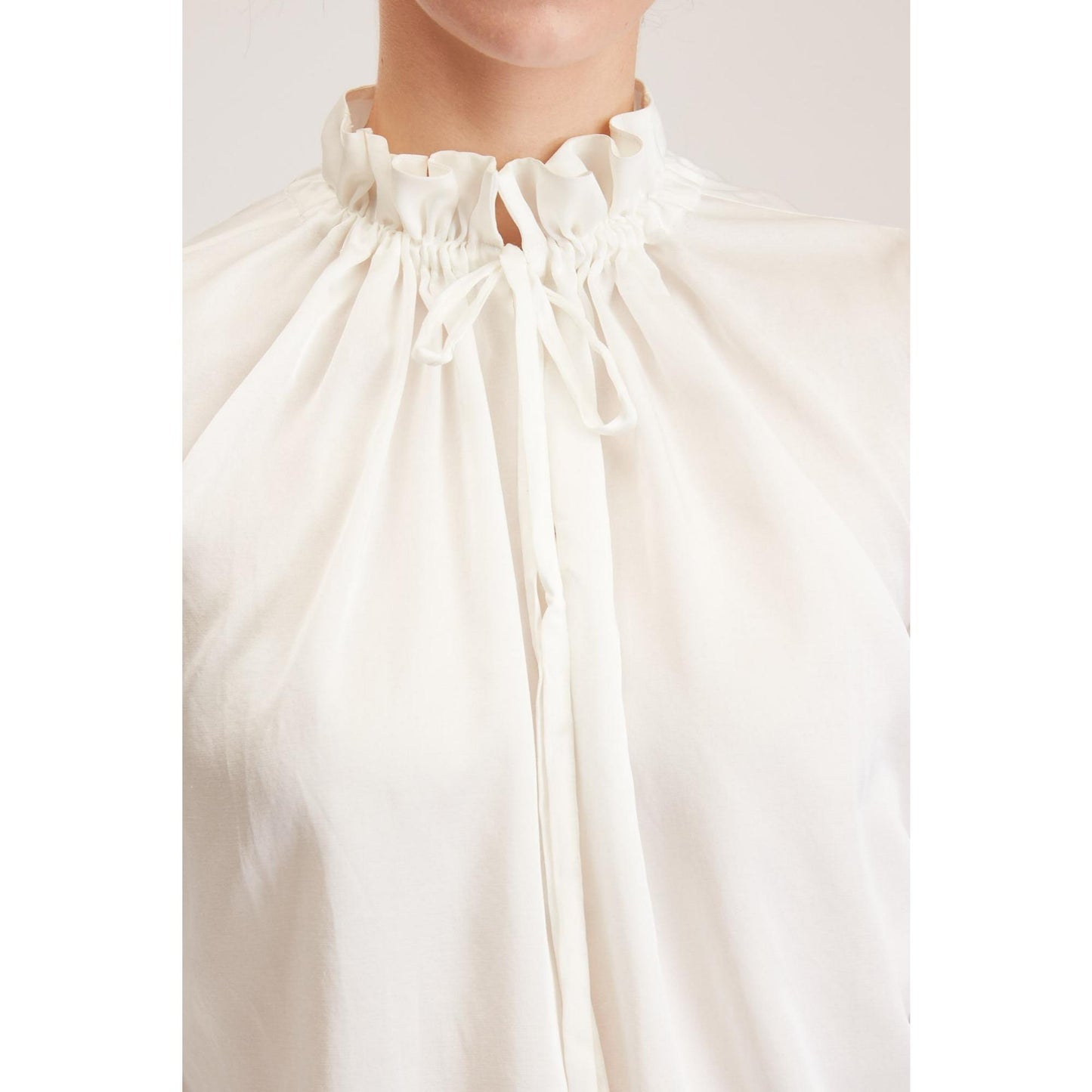 Women Leeds Blouse - Gathered Neckline Silk Blouse in White