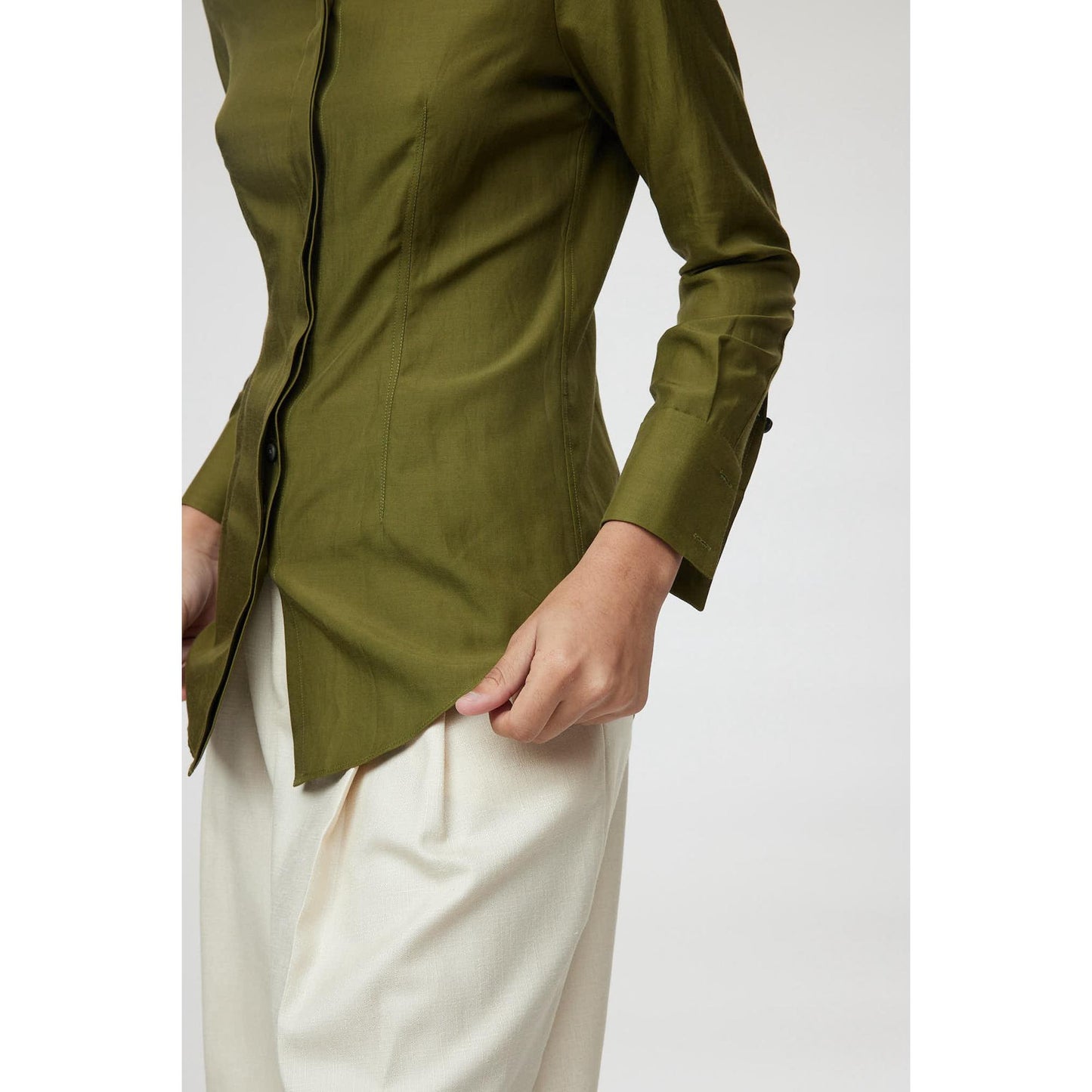 Women Trento Blouse - Fitted Silk Blouse in Olive Green