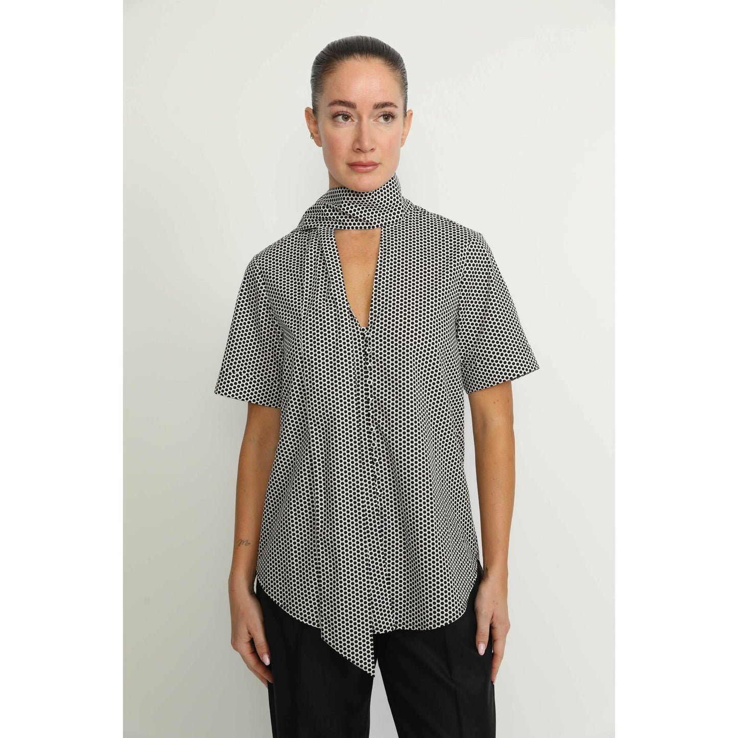 Women Horn Blouse - Horn Blouse in Black Polkadot Print