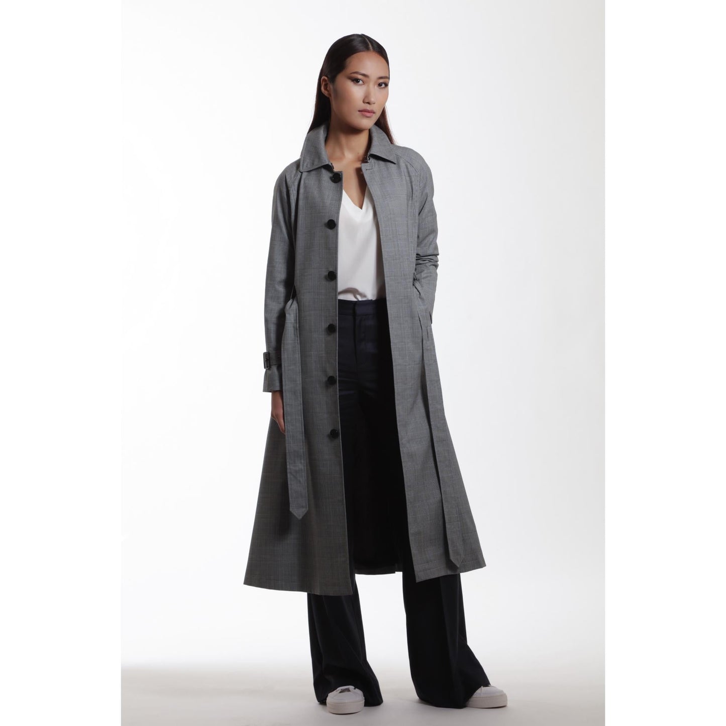 Women Nimes Coat - Chelsea Long Trench Coat in Grey Check
