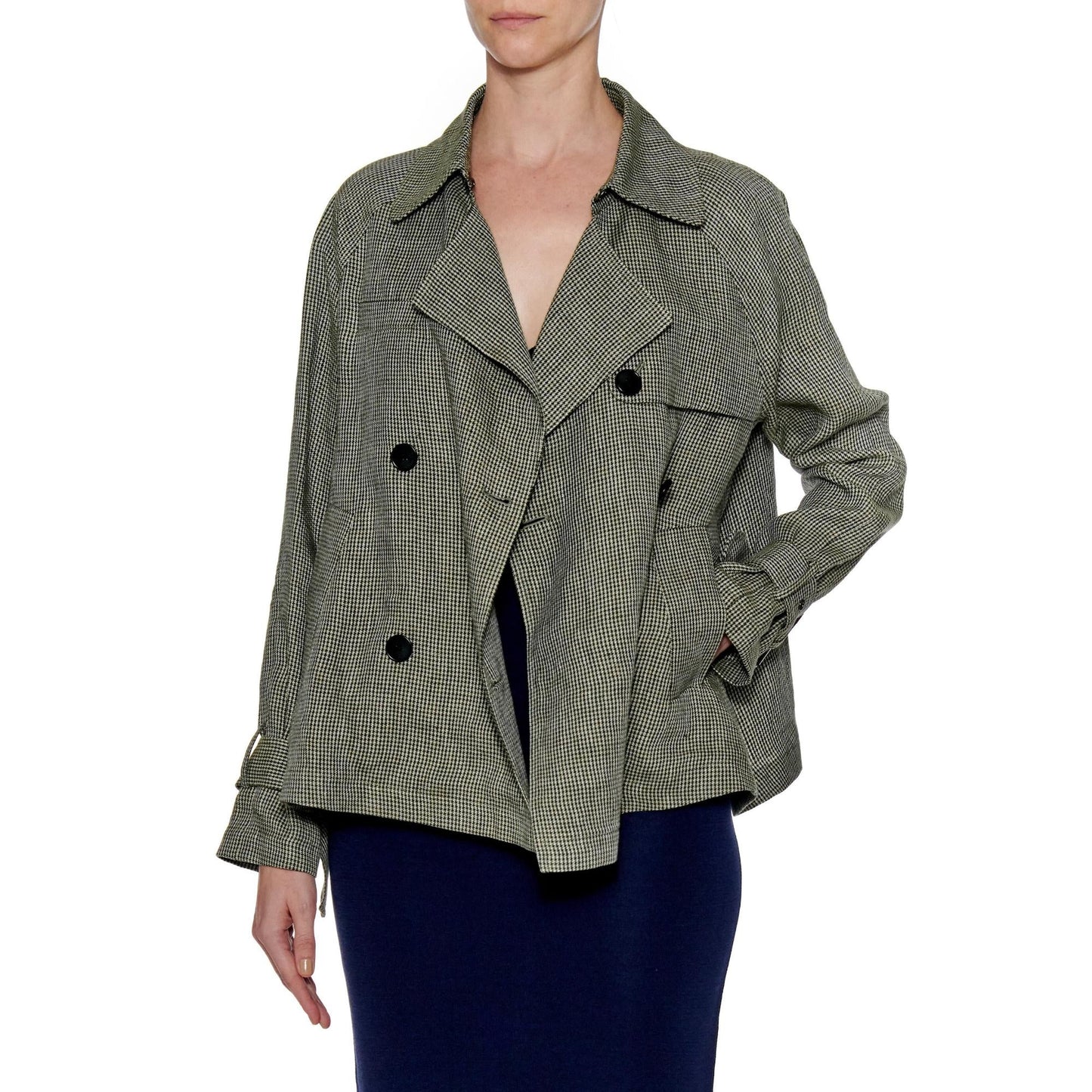 Women Alicante Coat - Short Ultra Light Trench Linen Jacket in Green Houndstooth
