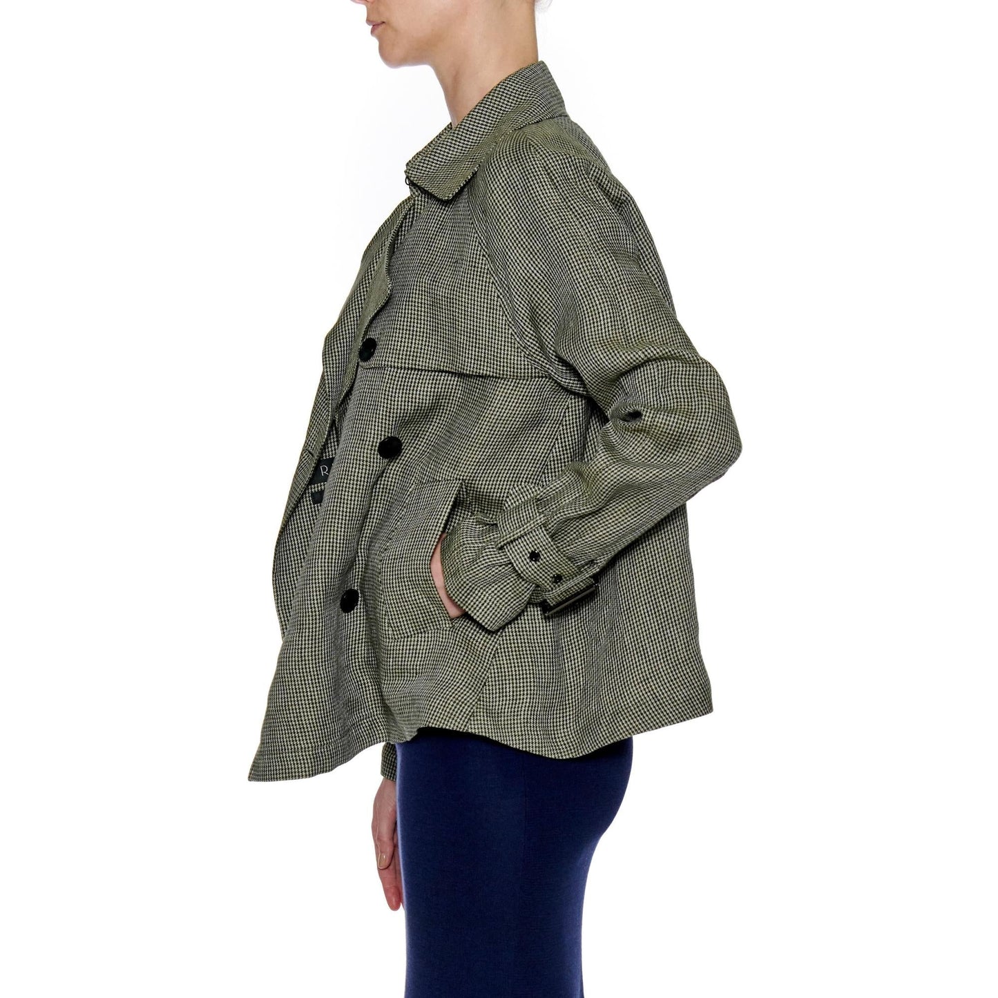Women Alicante Coat - Short Ultra Light Trench Linen Jacket in Green Houndstooth