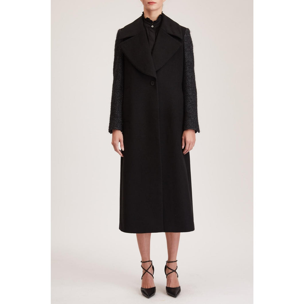Women Aberdeen Coat - Single Breasted Long Coat in Black Wool Blend - Black