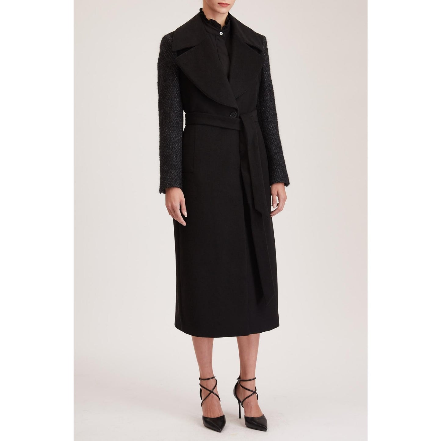 Women Aberdeen Coat - Single Breasted Long Coat in Black Wool Blend - Black (Mixed Stock)