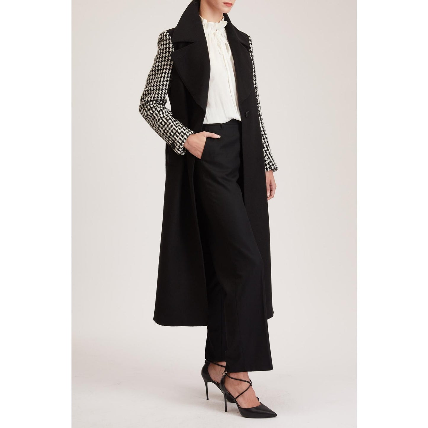 Women Aberdeen Coat - Single Breasted, Wide Lapel Long Coat - Black