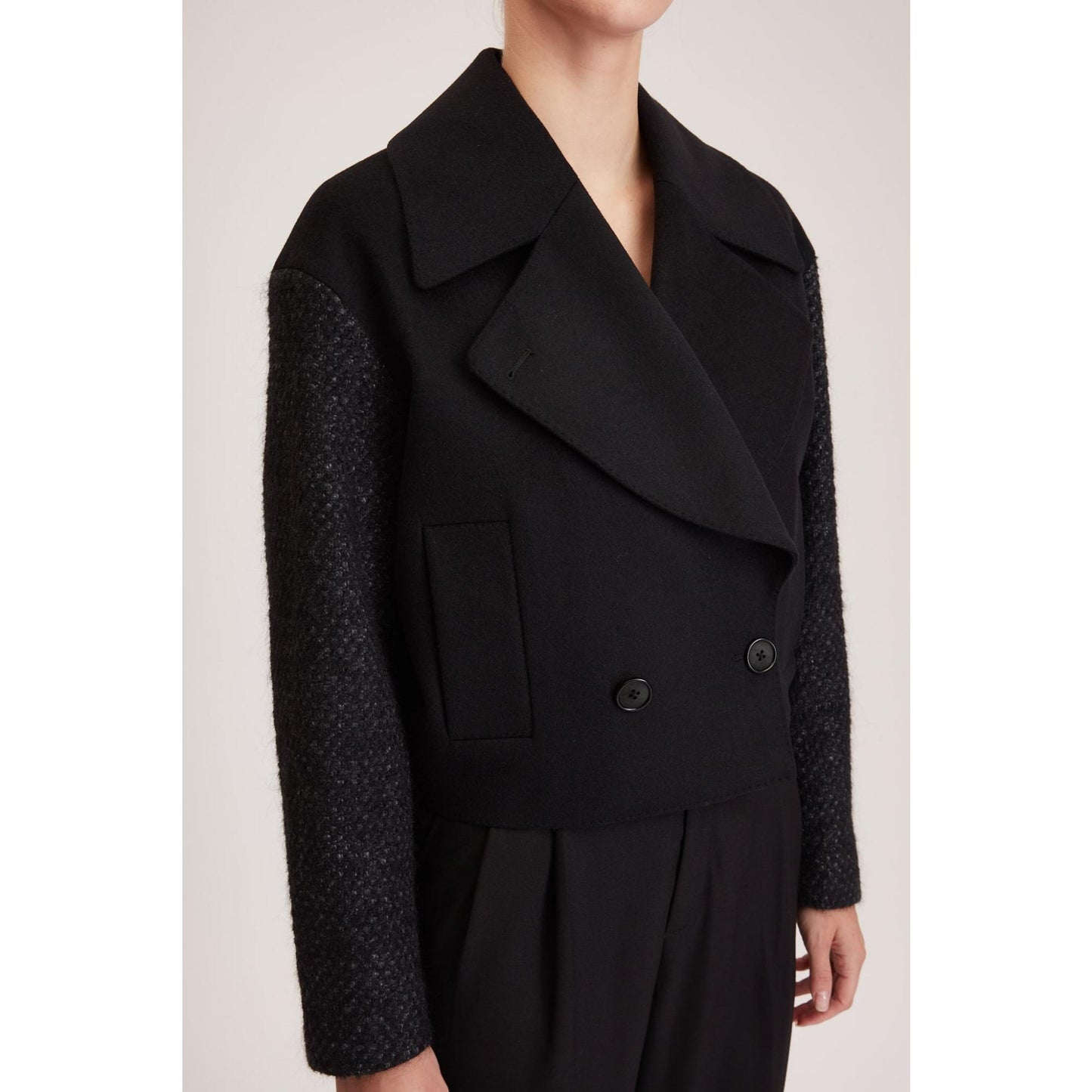 Women Ashford Coat - Double Breasted / Wide Lapel Short Jacket - Black