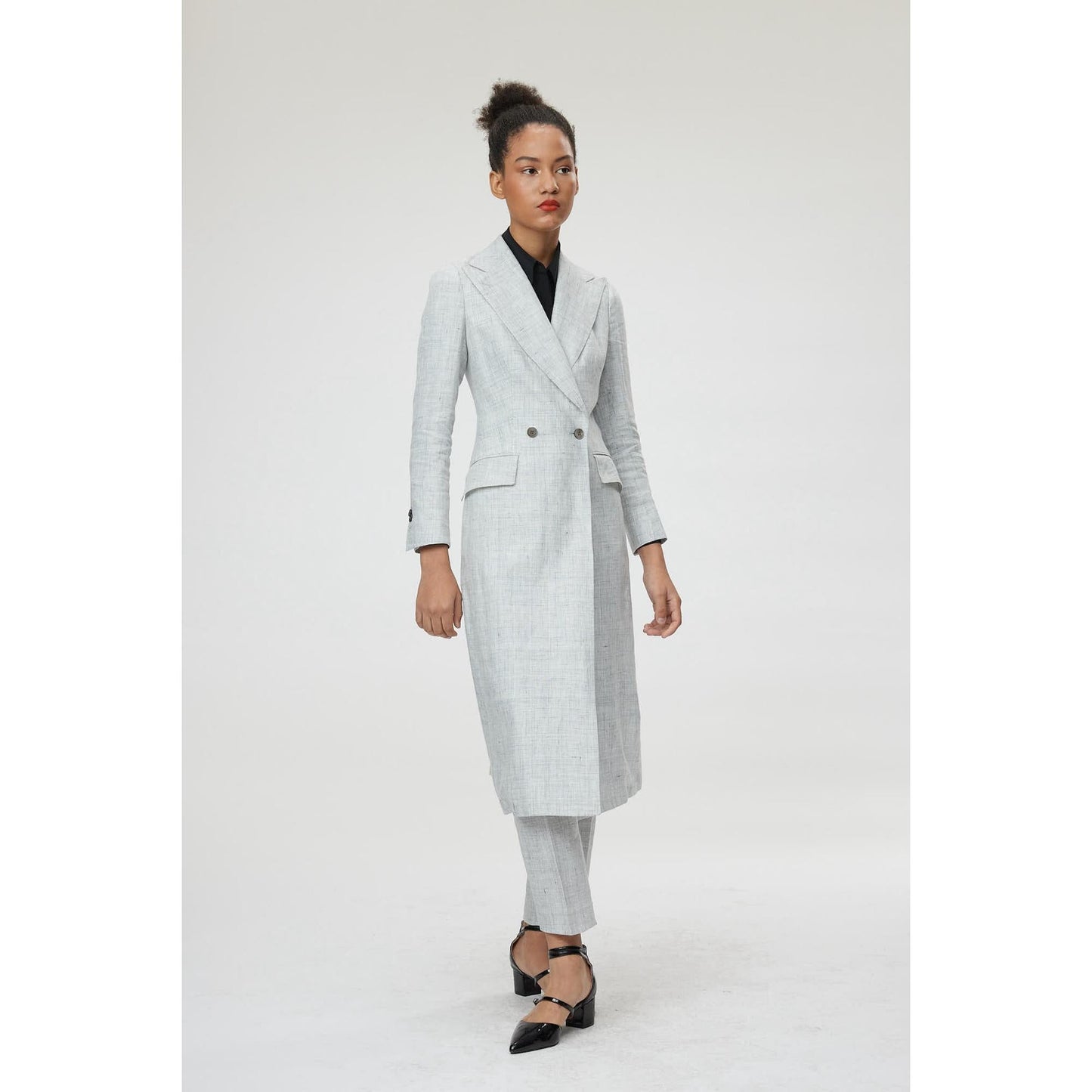 Women Palermo Coat - Double Breasted Long Suit Jacket in Grey