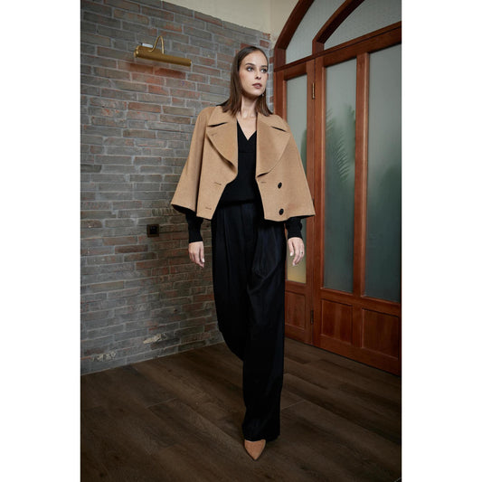 Women Alfena Cape - Cape in Camel Beige Wool - Camel Beige