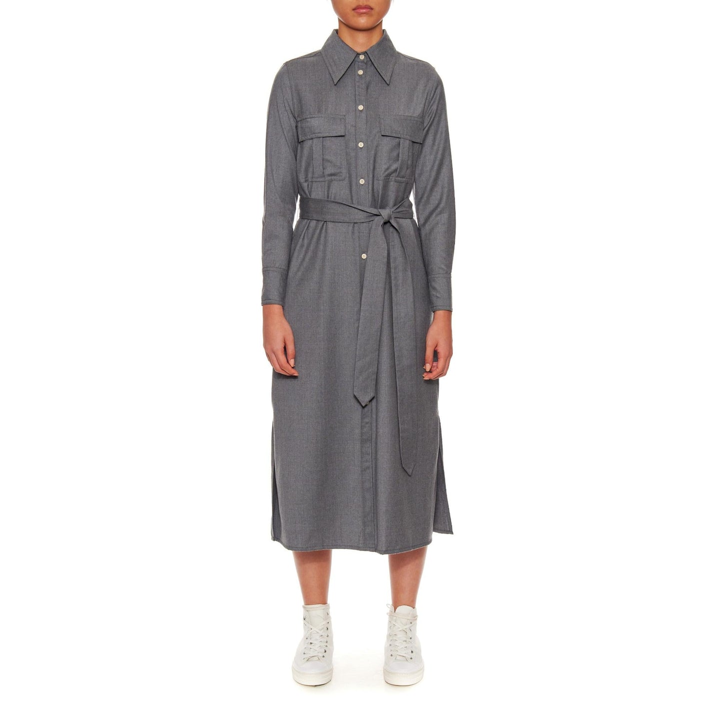 Women Amiens Dress - Long Sleeve Shirt Dress With Utility Pockets in Sky Grey