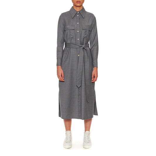 Women Amiens Dress - Long Sleeve Shirt Dress With Utility Pockets in Sky Grey