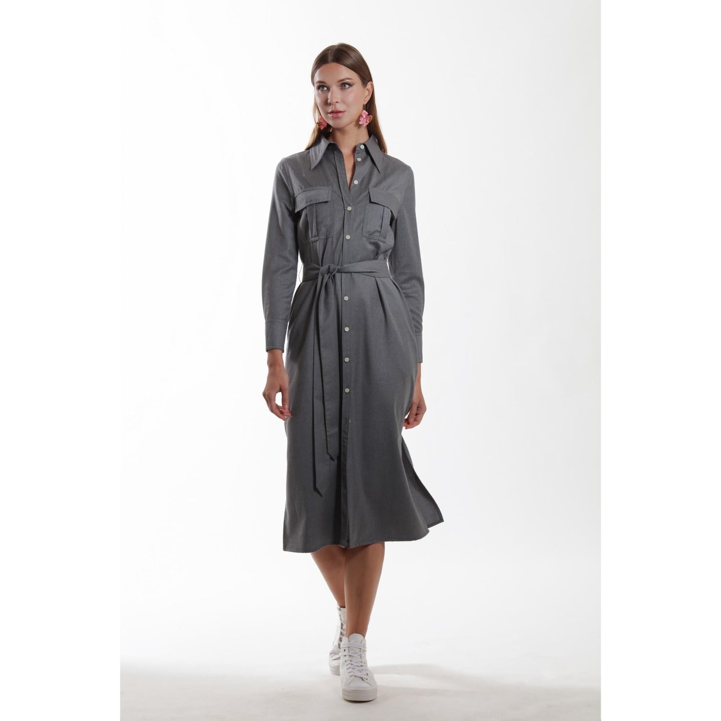 Women Amiens Dress - Long Sleeve Shirt Dress With Utility Pockets in Sky Grey