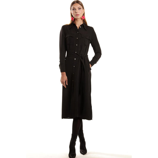 Women Amiens Dress - Long Sleeve Shirt Dress With Utility Pockets in Night Black - Black