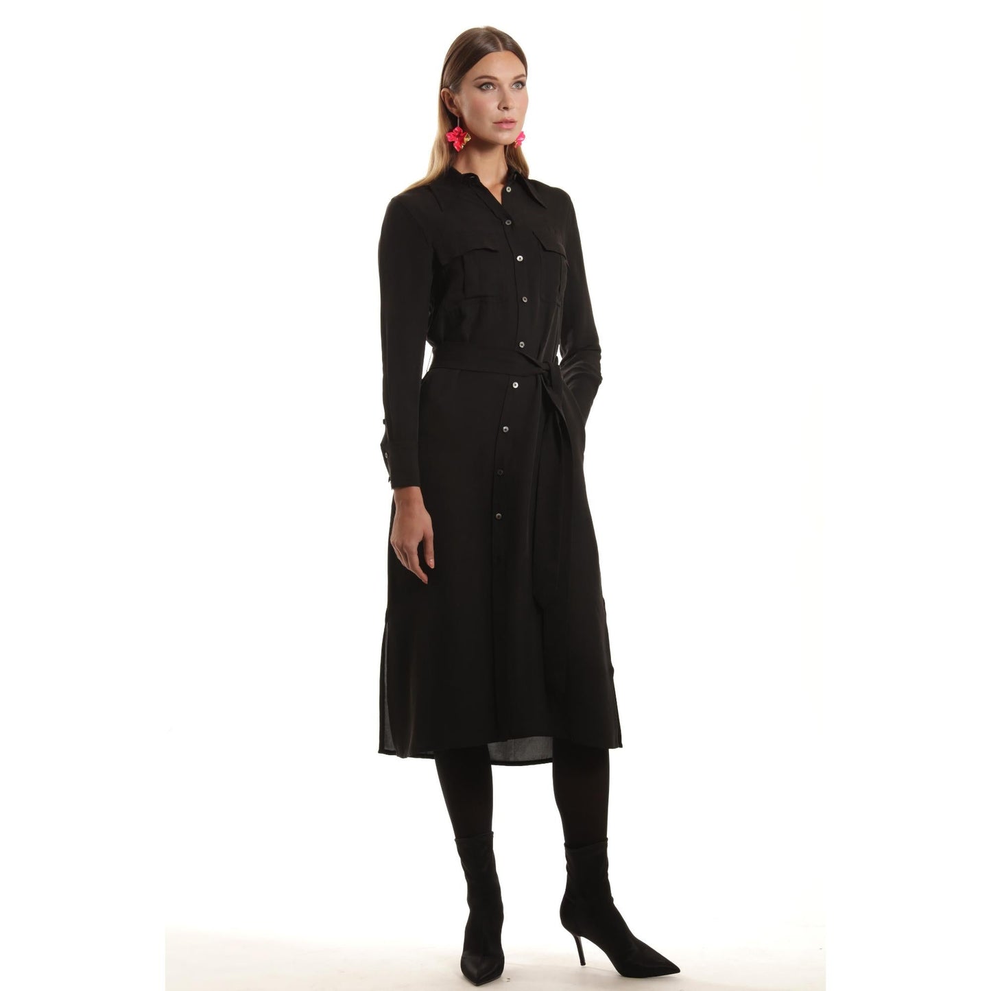 Women Amiens Dress - Long Sleeve Shirt Dress With Utility Pockets in Night Black - Black