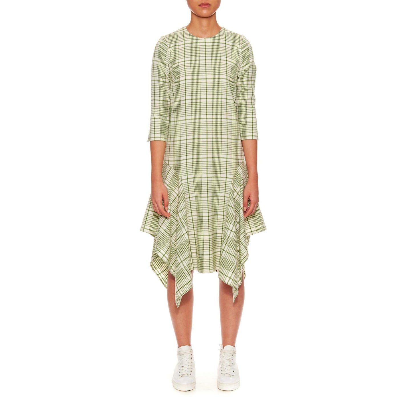 Women Dijon Dress - Shift Dress With Handkerchief Hem - Green check