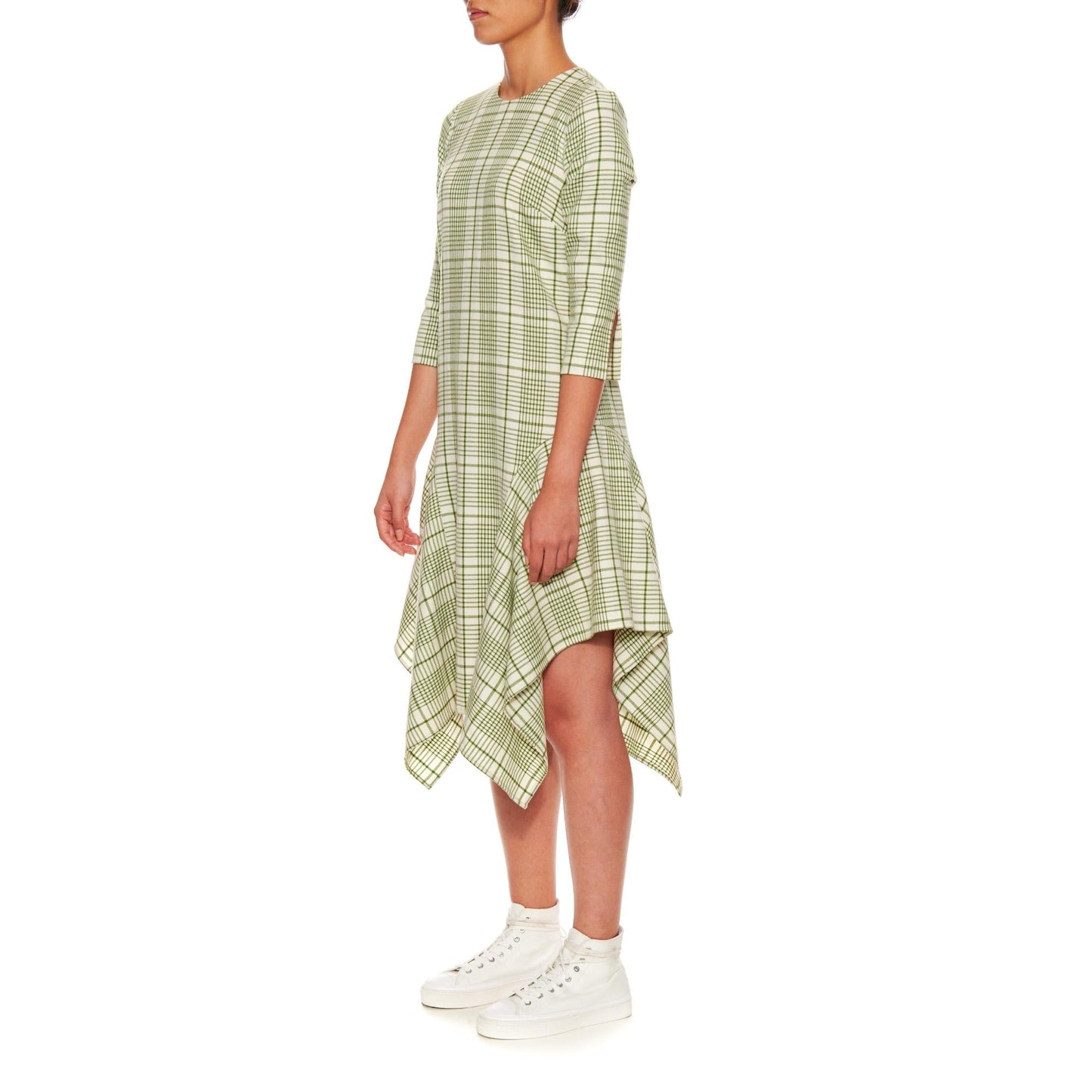 Women Dijon Dress - Shift Dress With Handkerchief Hem - Green check