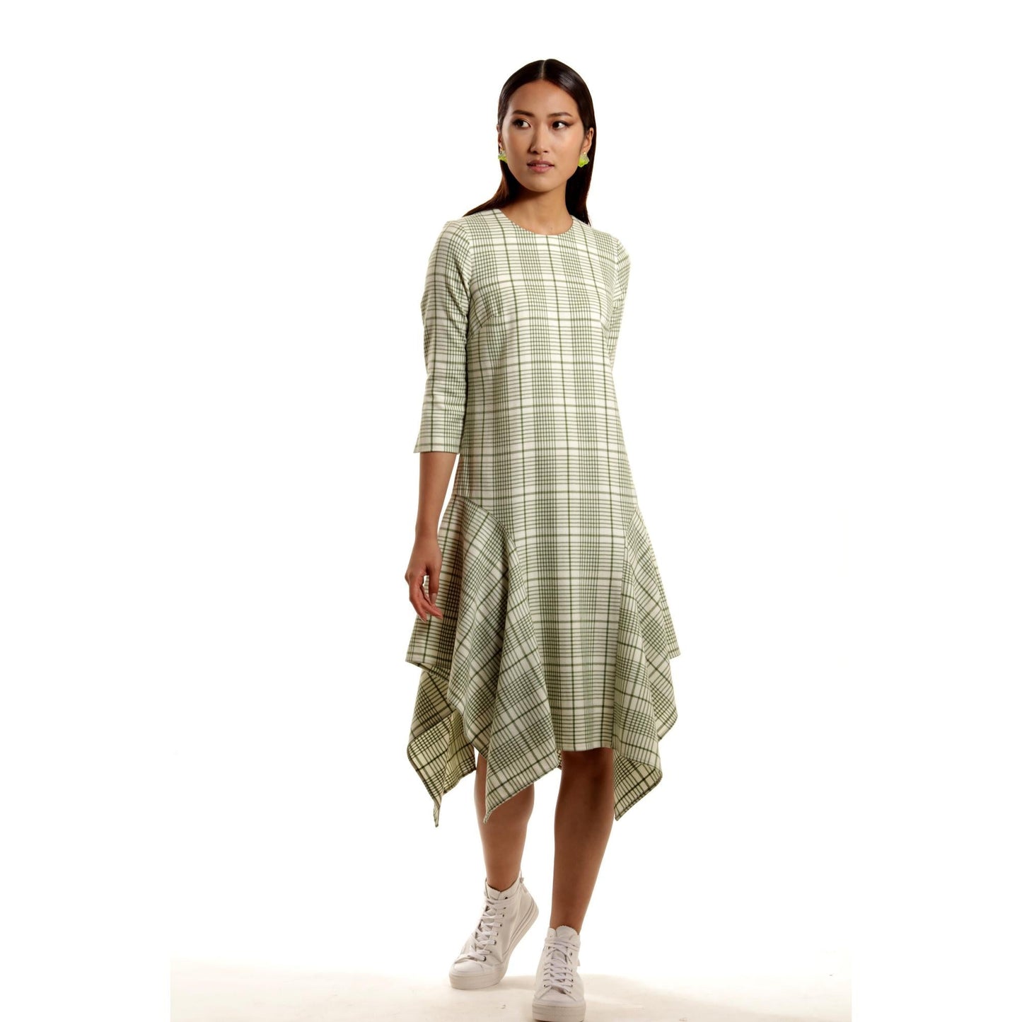 Women Dijon Dress - Shift Dress With Handkerchief Hem - Green check