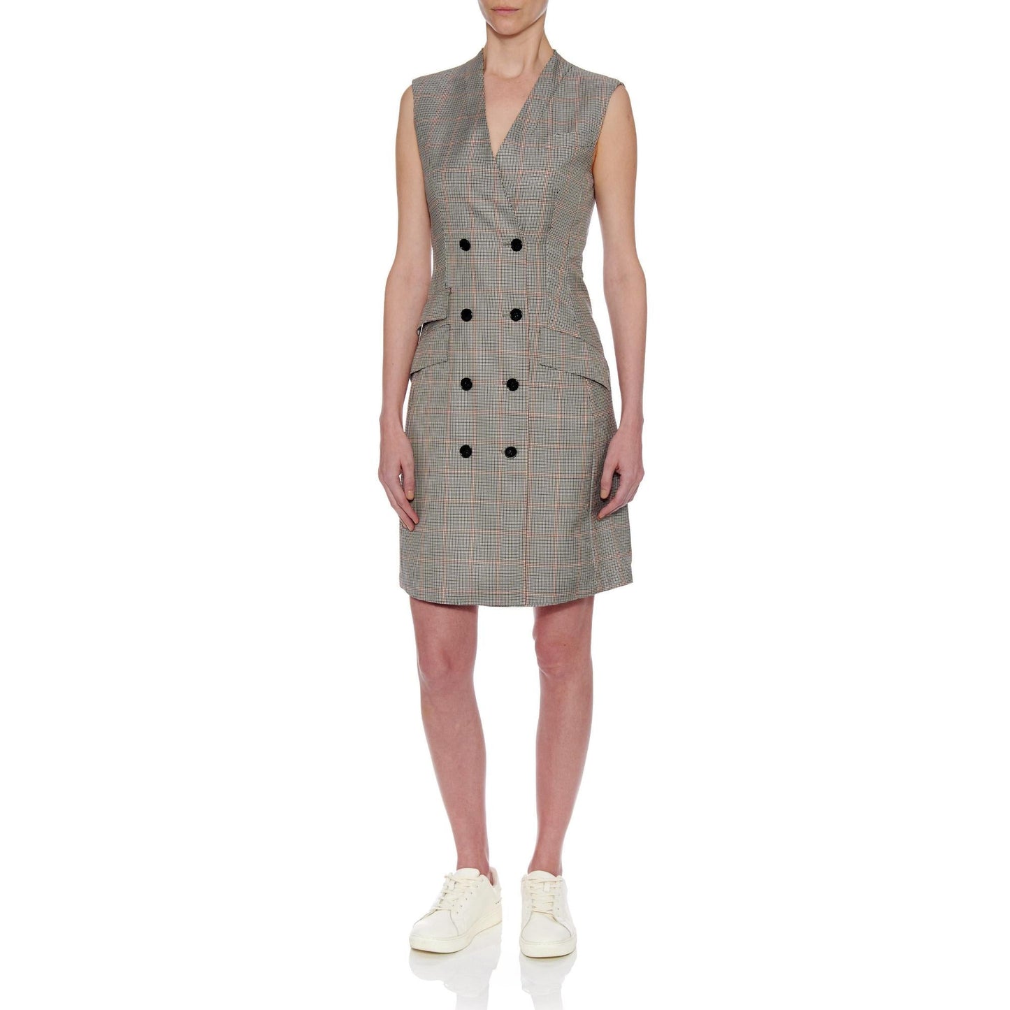 Women Gijon Dress - Tailored Double Breasted Knee-Length Dress in Tartan - Black/Grey