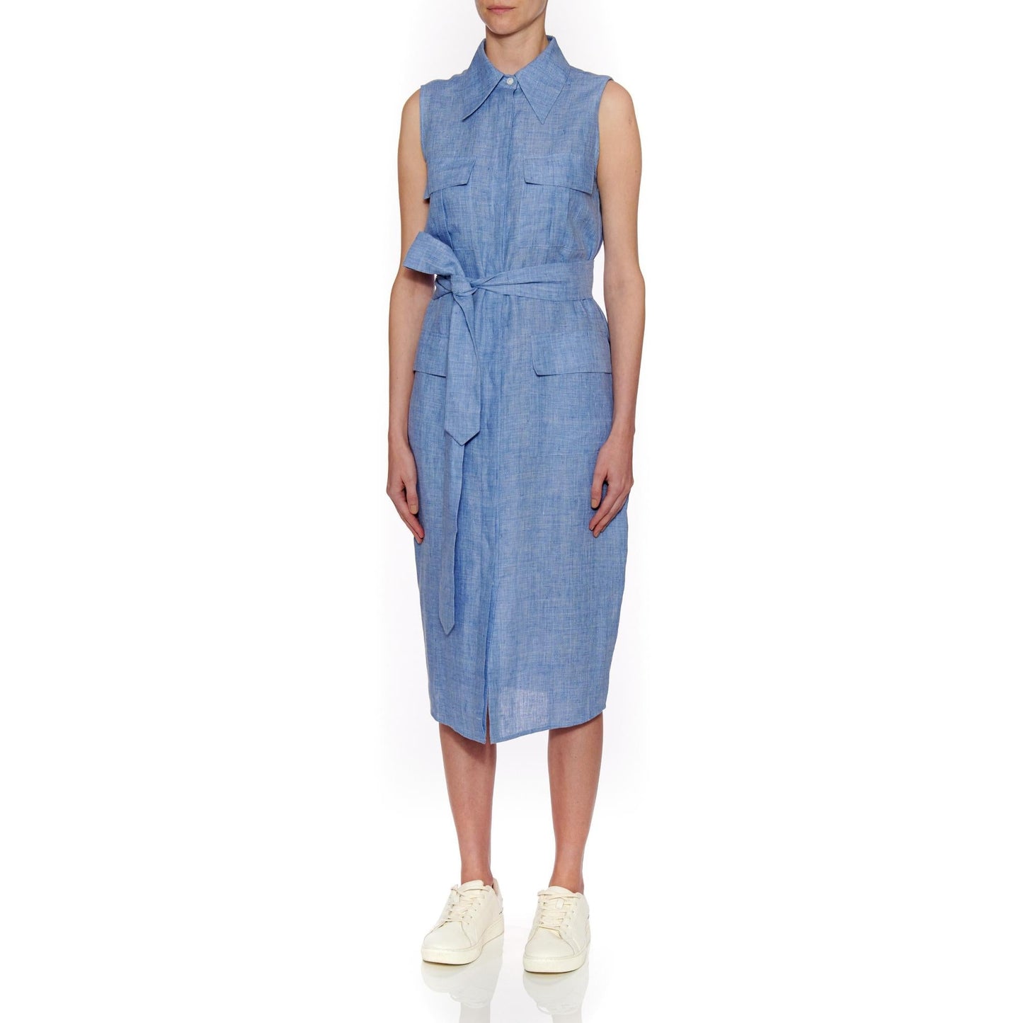 Women Zaragoza Dress - Sleeveless Shirt Midi Dress in Blue