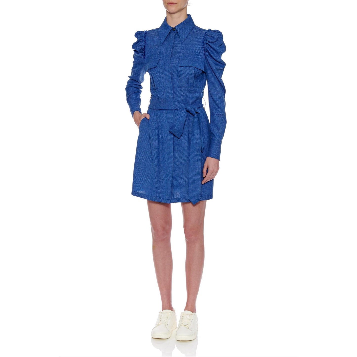 Women Jean Dress - Short Shirt Dress With Leg Of Mutton Long Sleeve in Blue