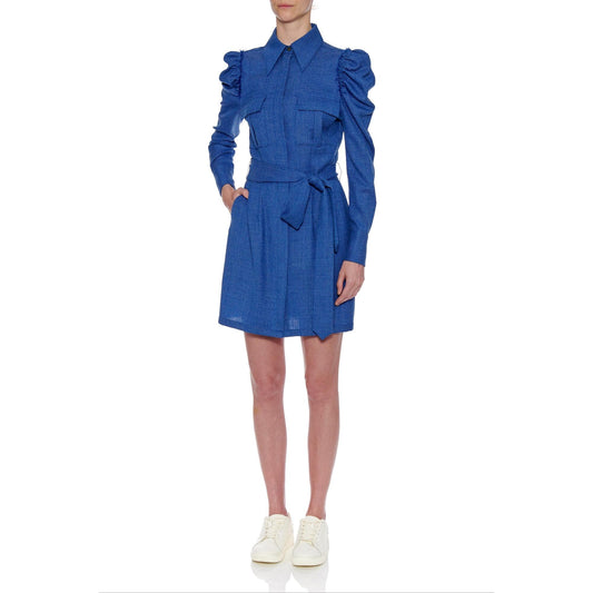 Women Jean Dress - Short Shirt Dress With Leg Of Mutton Long Sleeve in Blue