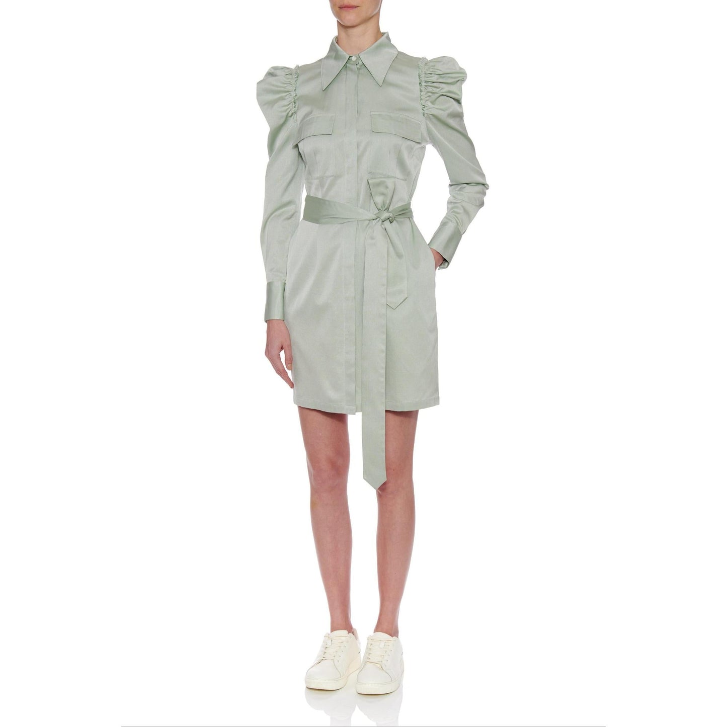 Women Jean Dress - Short Shirt Dress With Leg Of Mutton Long Sleeve in Mint