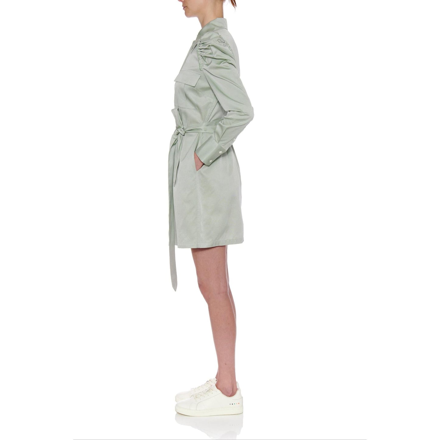 Women Jean Dress - Short Shirt Dress With Leg Of Mutton Long Sleeve in Mint