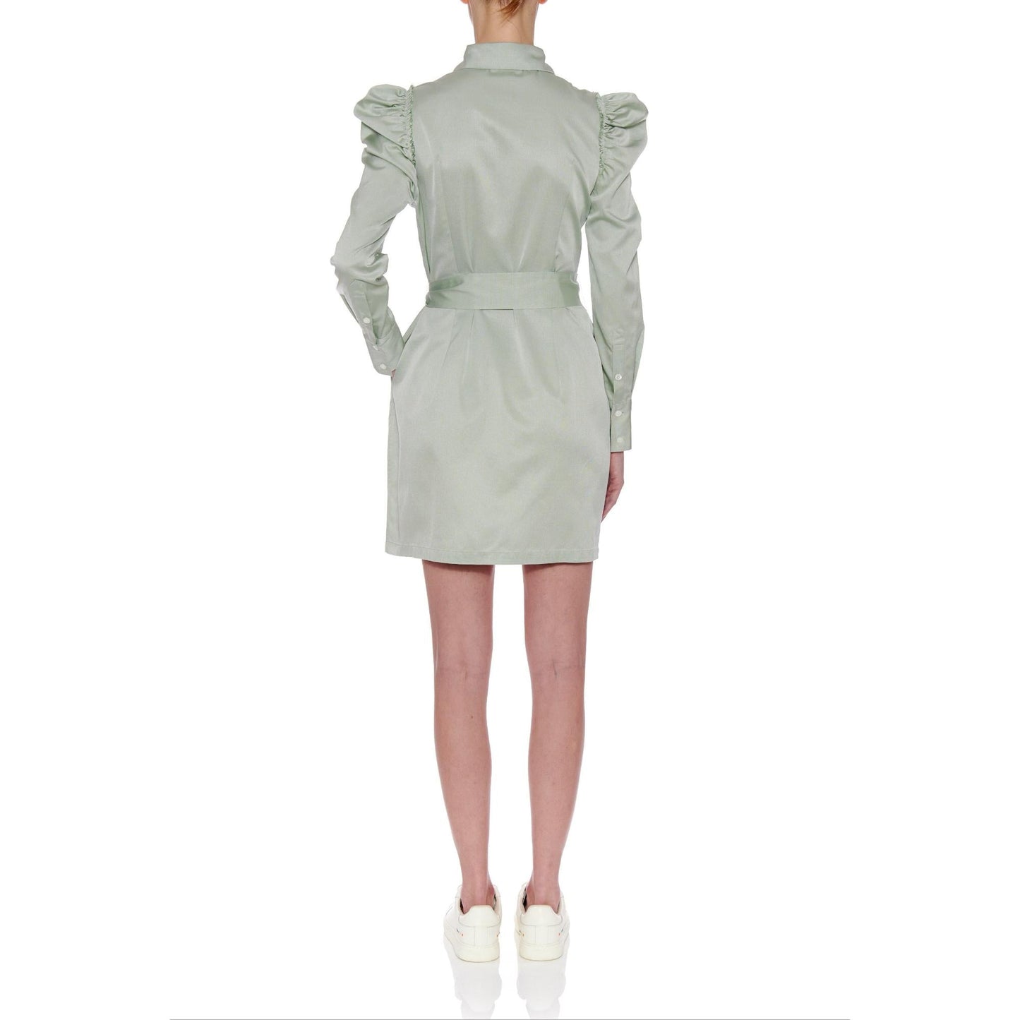 Women Jean Dress - Short Shirt Dress With Leg Of Mutton Long Sleeve in Mint