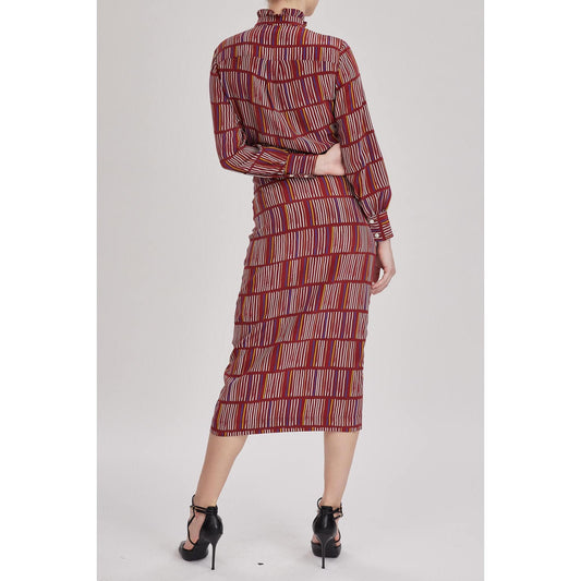 Women Cardiff Dress - Printed Midi Shirt Dress in Red Wine Silk Crepe De Chine
