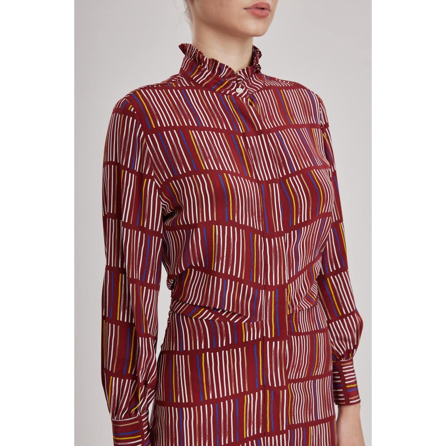 Women Cardiff Dress - Printed Midi Shirt Dress in Red Wine Silk Crepe De Chine