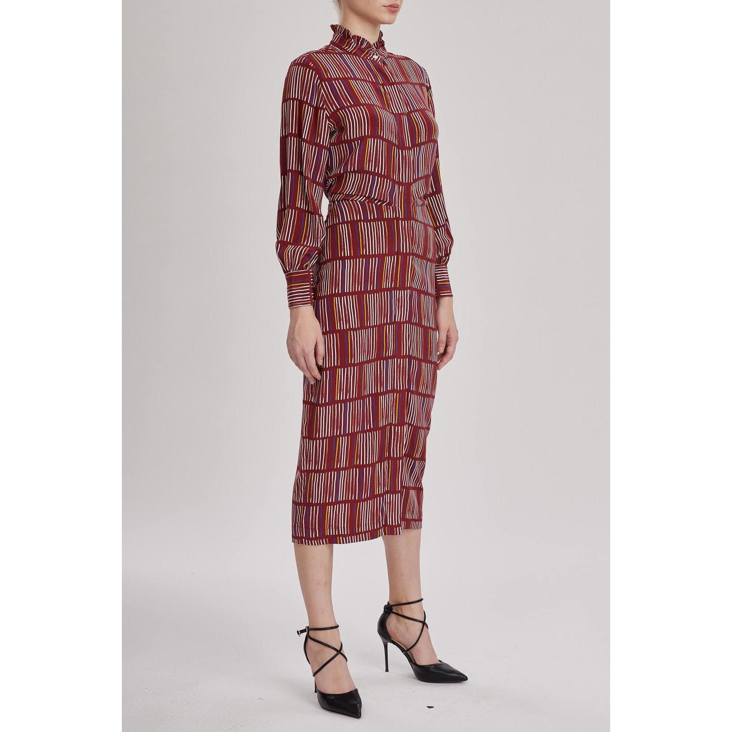 Women Cardiff Dress - Printed Midi Shirt Dress in Red Wine Silk Crepe De Chine