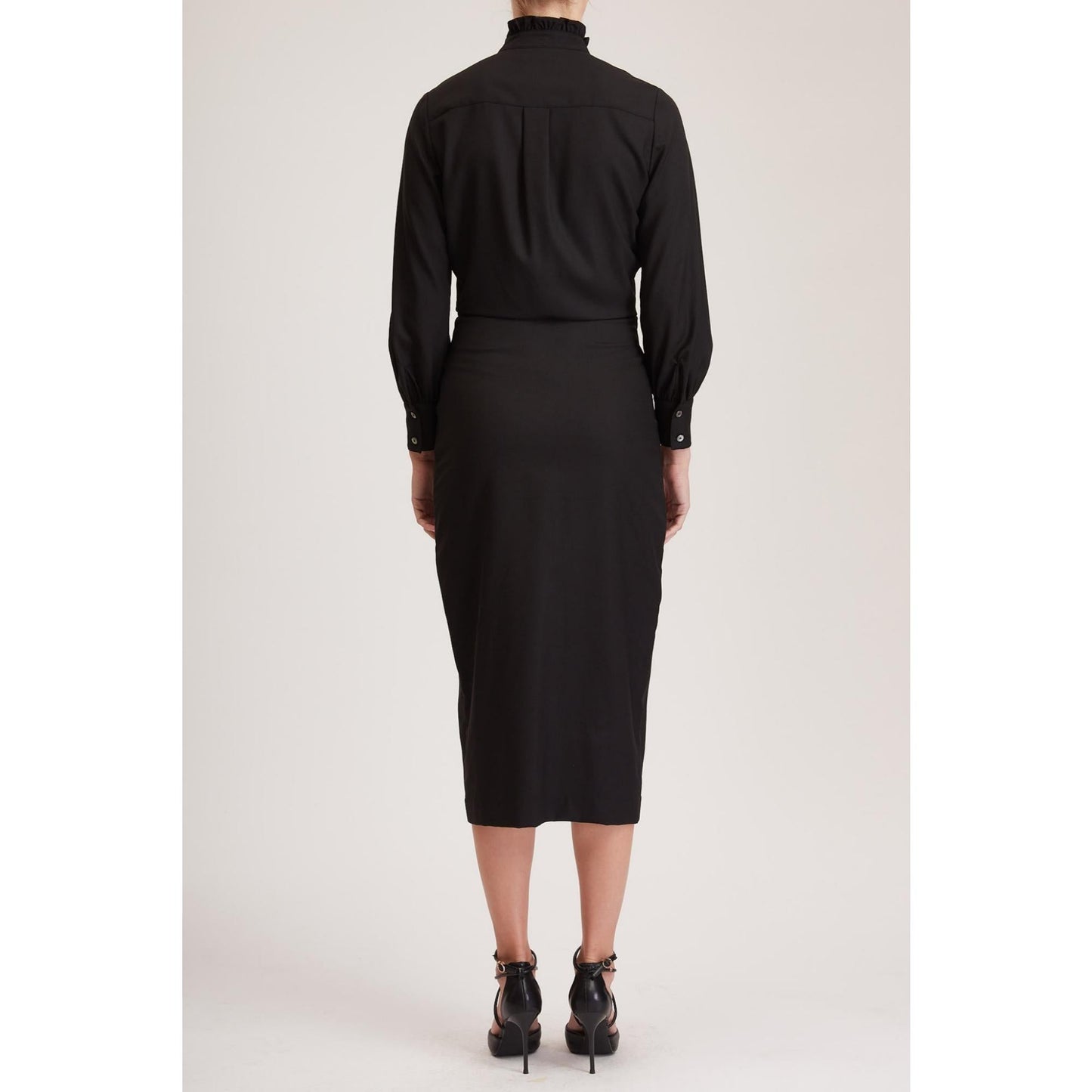 Women Cardiff Dress - Midi Shirt Dress in Black Wool Crepe