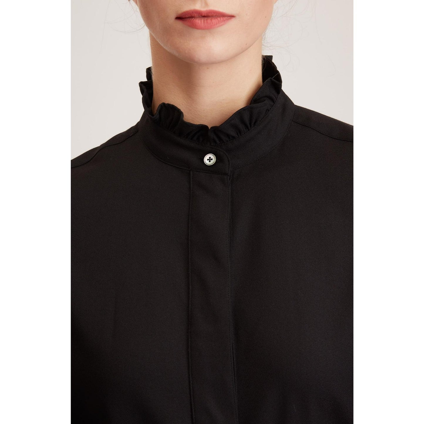 Women Cardiff Dress - Midi Shirt Dress in Black Wool Crepe