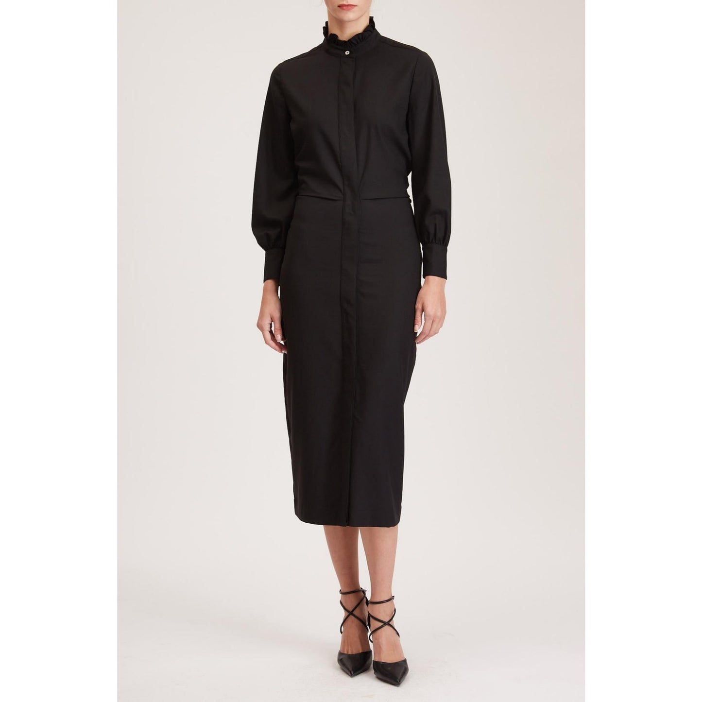 Women Cardiff Dress - Midi Shirt Dress in Black Wool Crepe