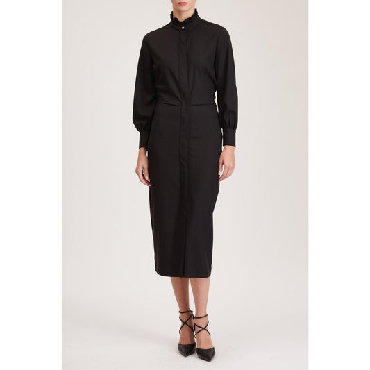 Women Cardiff Dress - Midi Shirt Dress in Black Wool Crepe