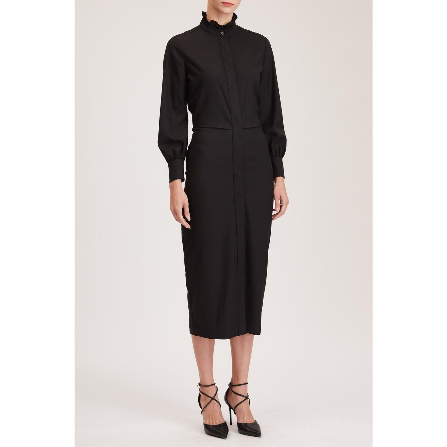 Women Cardiff Dress - Midi Shirt Dress in Black Wool Crepe