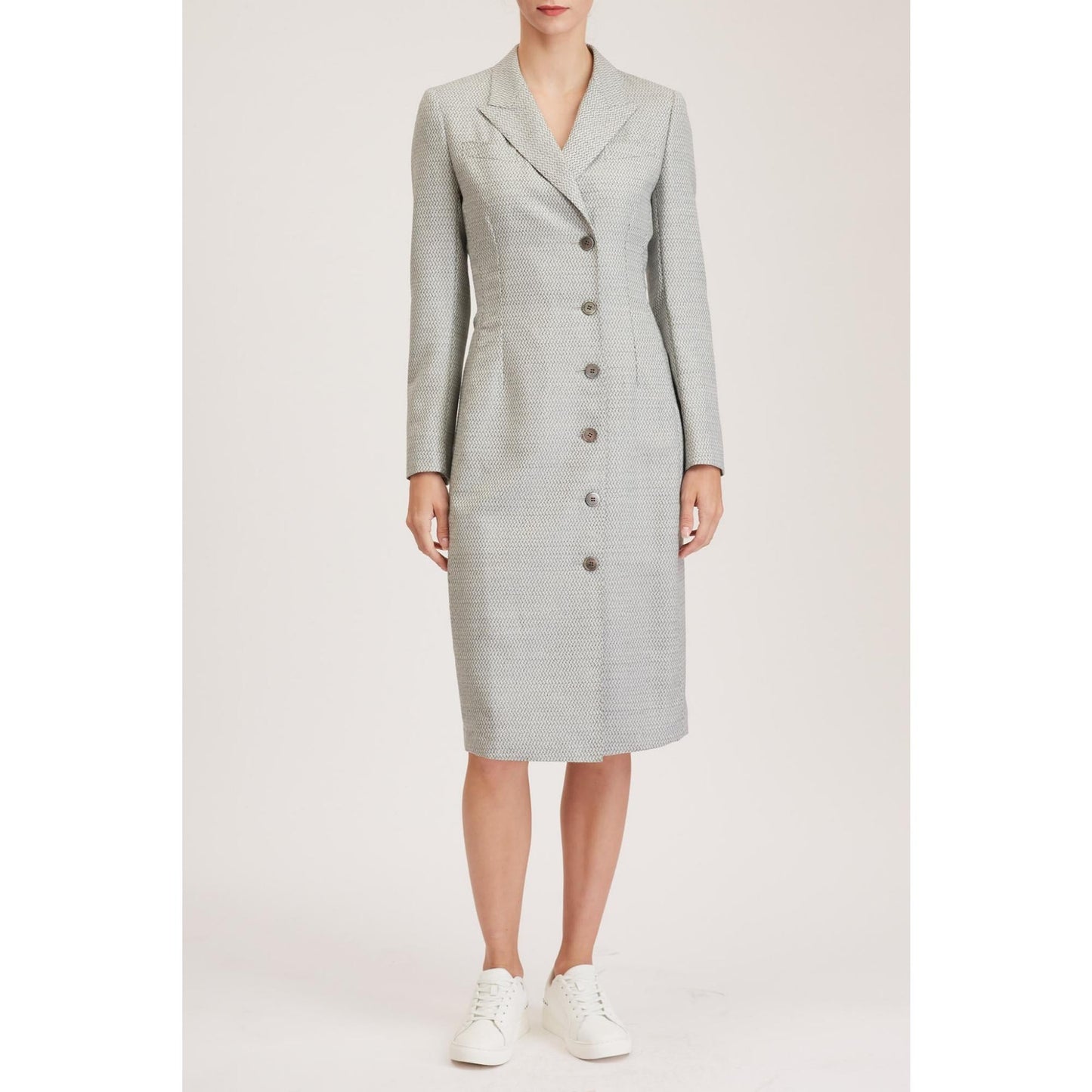 Women Ely Dress - Tailored Long Sleeves Dress With Side Pockets - White/Grey