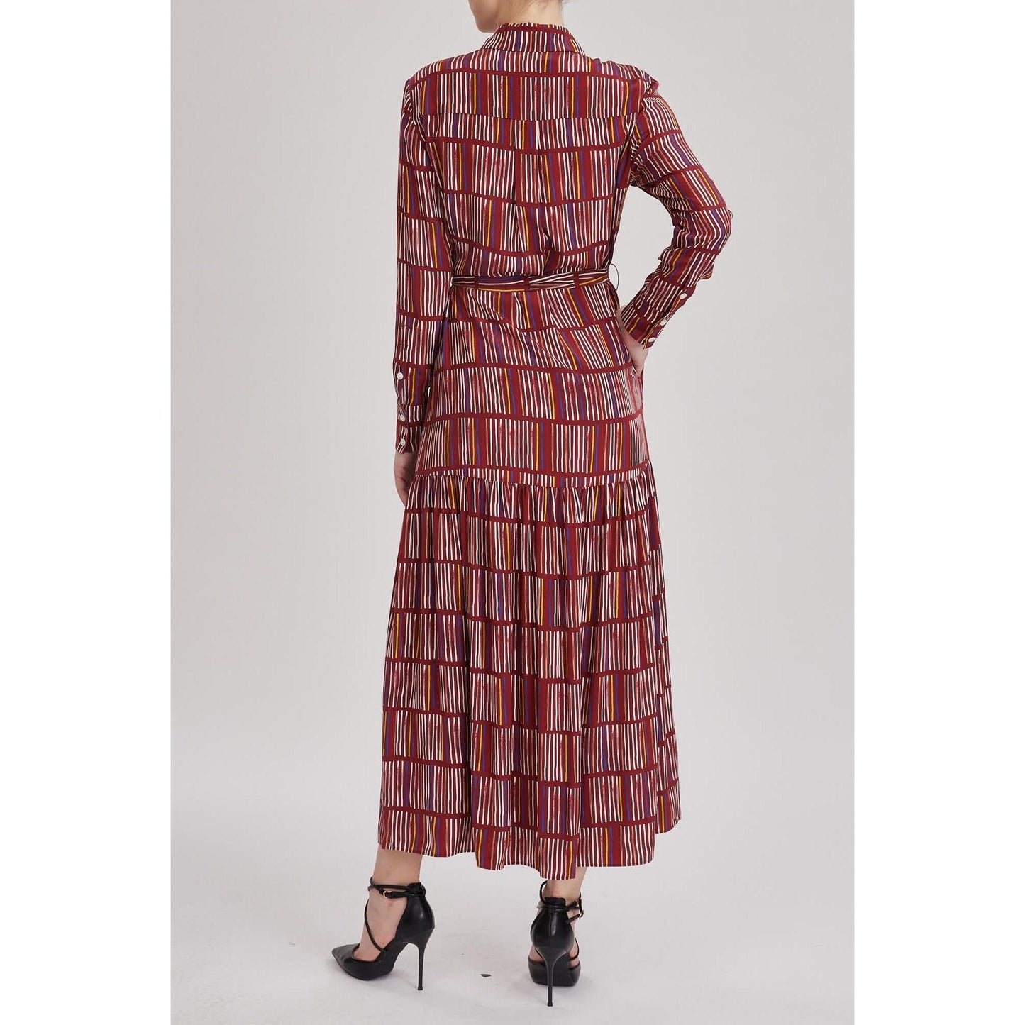Women Cornwall Dress - Maxi Shirt Dress Detailed With Belt And Side Pockets - Red