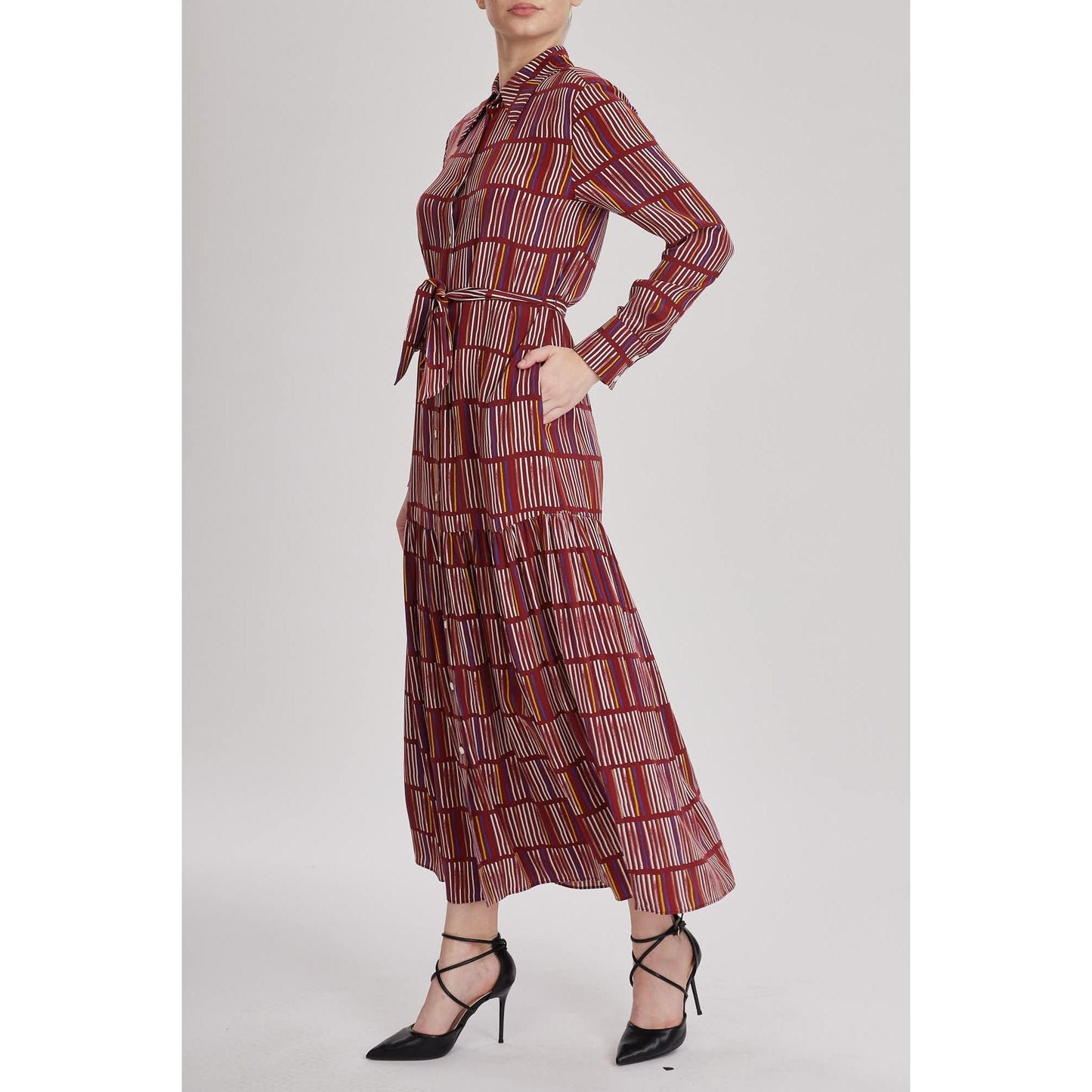Women Cornwall Dress - Maxi Shirt Dress Detailed With Belt And Side Pockets - Red