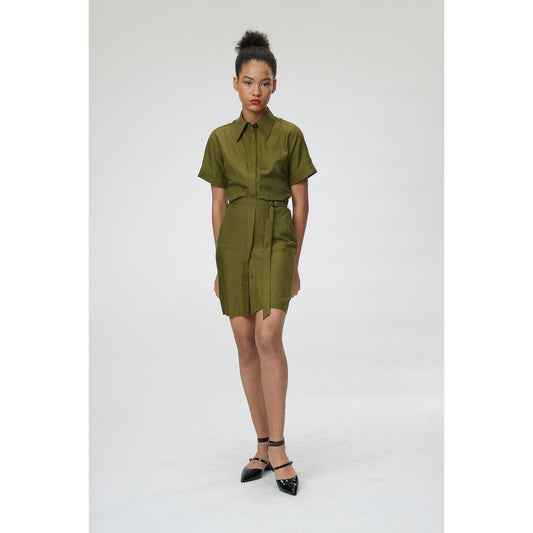 Women Matera Dress - Mini Shirt Dress in Olive Green