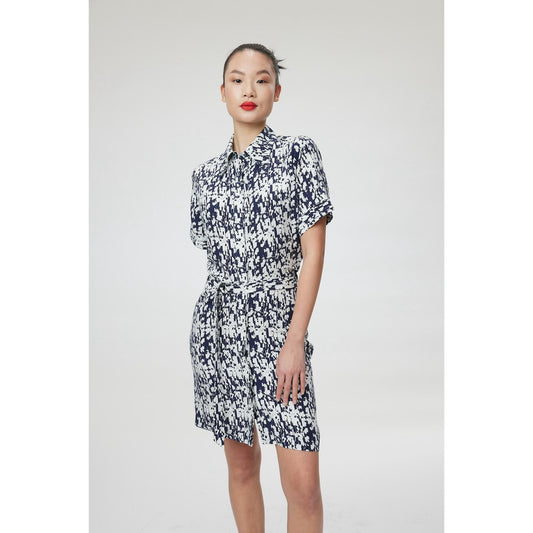Women Matera Dress - Mini Shirt Dress in Floral Navy/White Print