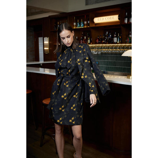 Women Tavira Dress - Silk Viscose Shift Dress in Leaf Print - Ochre leaf