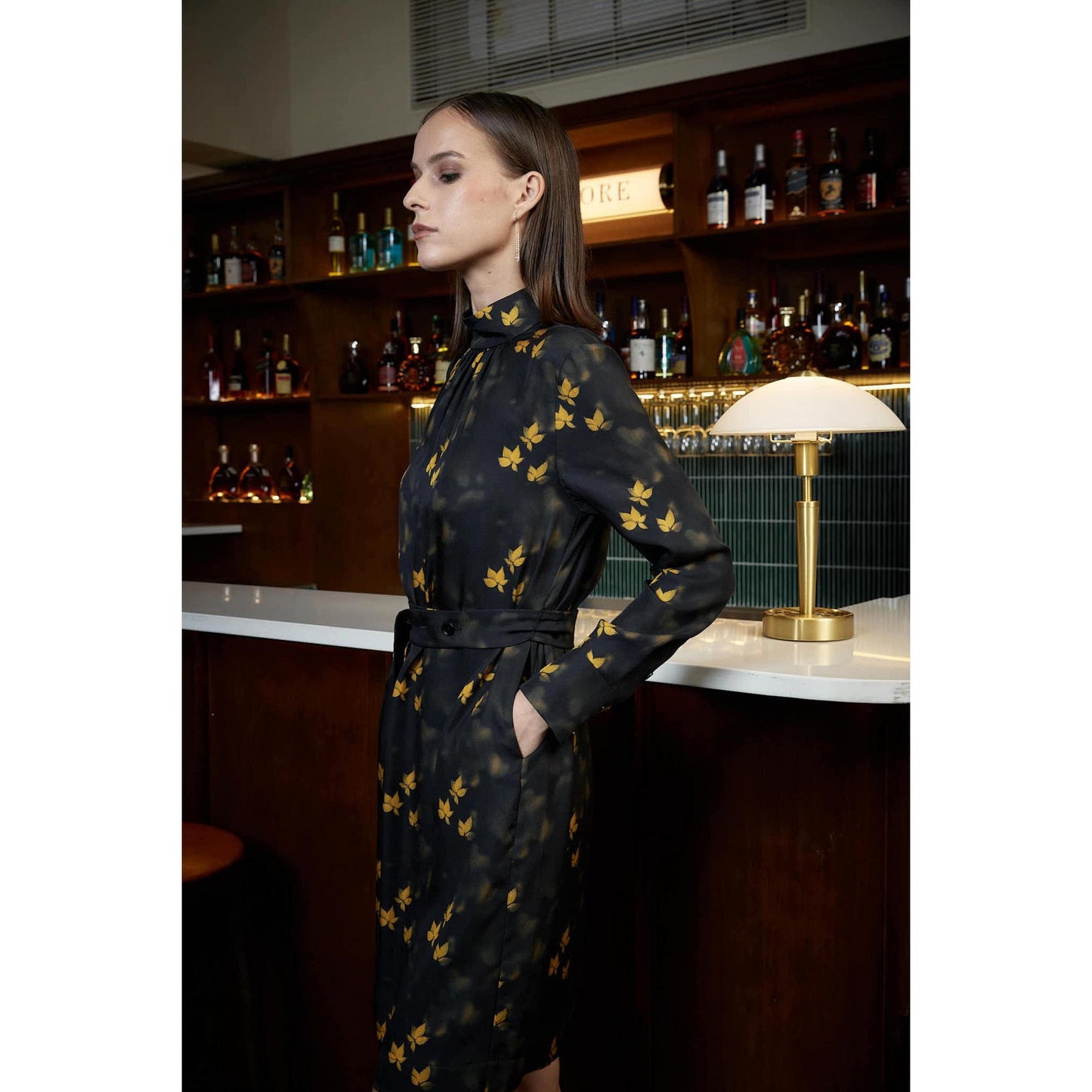 Women Tavira Dress - Silk Viscose Shift Dress in Leaf Print - Ochre leaf