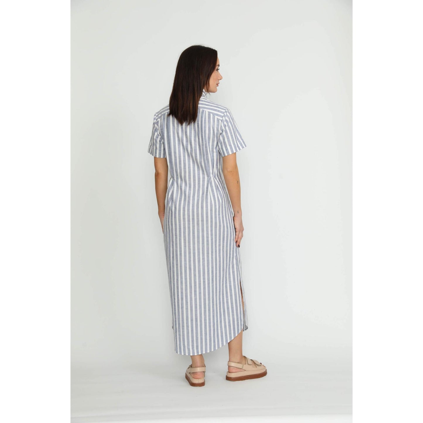 Women Port Dress - Port Relaxed Maxi Chambray Stripe Dress - Denim/White