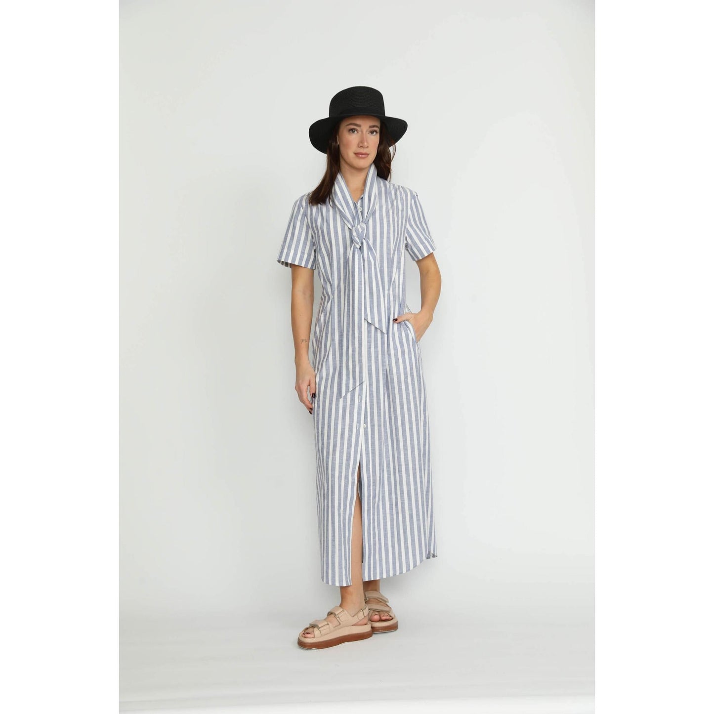 Women Port Dress - Port Relaxed Maxi Chambray Stripe Dress - Denim/White