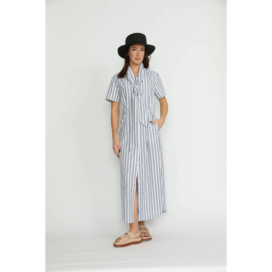 Women Port Dress - Port Relaxed Maxi Chambray Stripe Dress - Denim/White